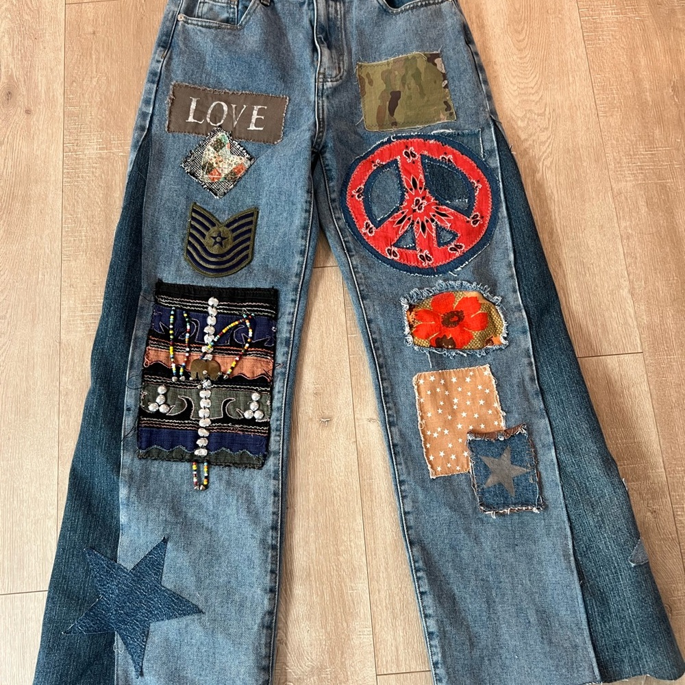 Upcycled Embellished Bohemian Patchwork Flare Jeans - Picture 6 of 10